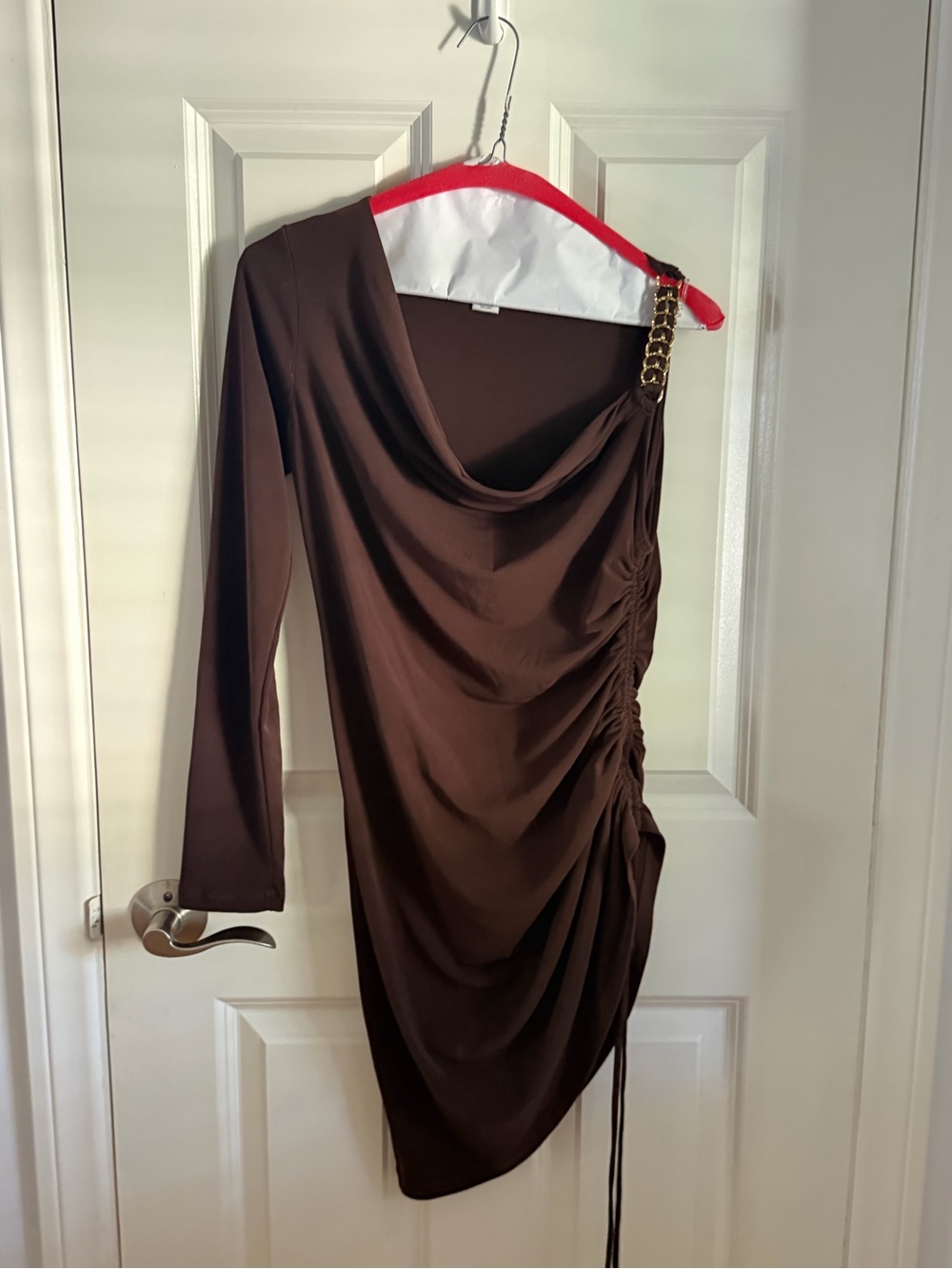 Cache Brown Asymmetrical One-Shoulder Dress with Gold Chain